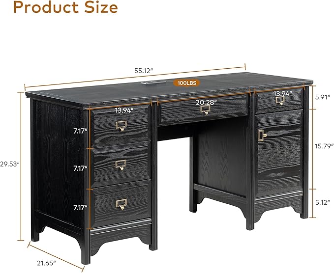 Chogori 55 Solid Wood Executive Desk Farmhouse Office Computer Desk with 5 Drawers &amp Storage Cabinet Wooden Writing Table for Home Office Study Bedroom (Black)