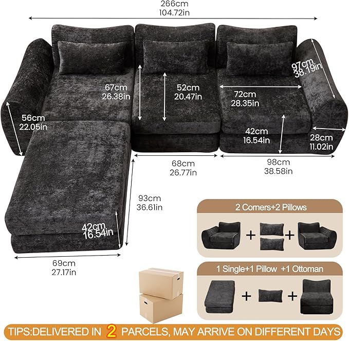 105” Modular Sectional Sofa Convertible Sofa BedTransforms into Single or Double Sofa Chenille Fabric Cloud SofaModern Soft Boneless Comfort No Assembly Required Black
