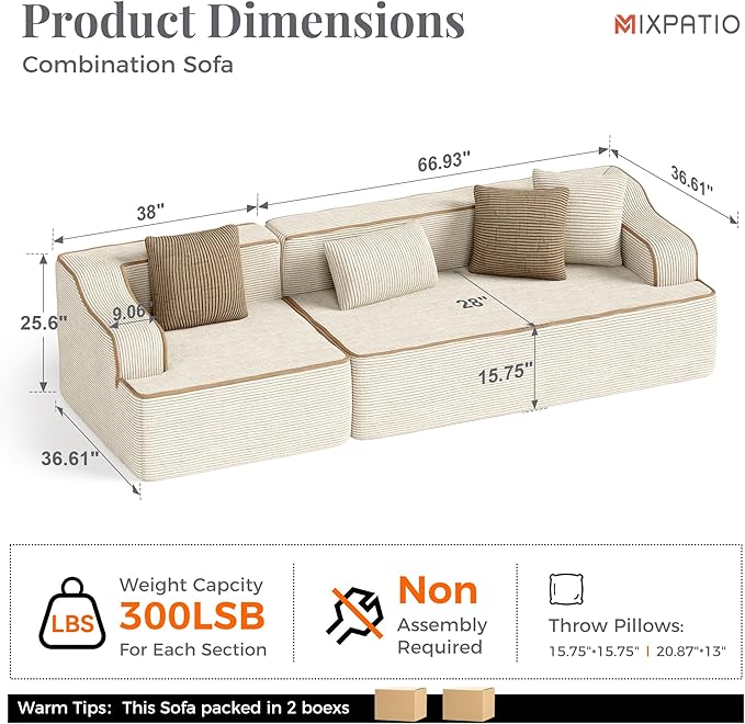 104 Cloud Boneless Sectional Couch Upholstered Corduroy Couch with Deep Seat No Assembly Required Compressed Sofa for Living Room Apartment Beige