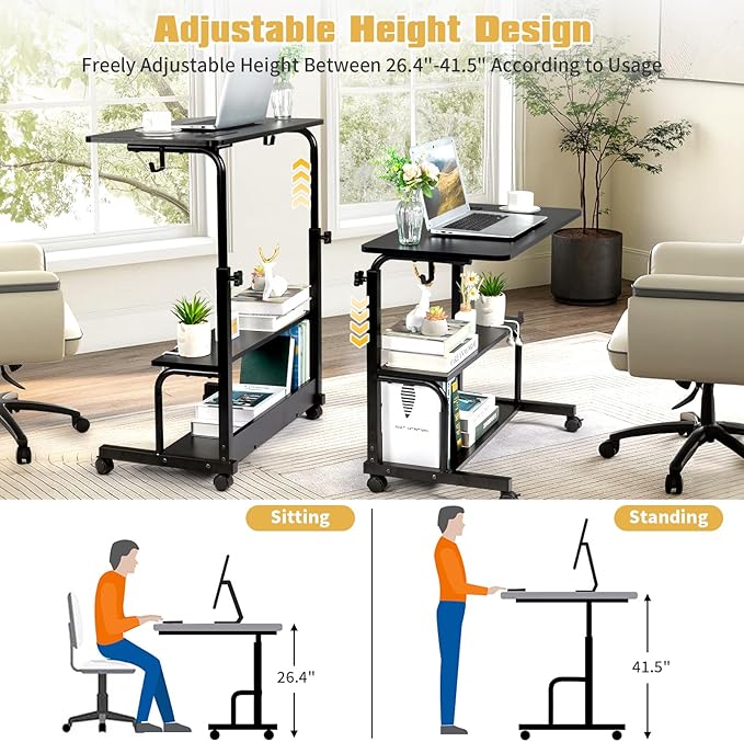 Wooden Adjustable Height Portable Laptop DeskMobile Rolling Computer DeskSofa Bedside Laptop TableHome Office Laptop Workstationwith Power Outletsfor Small Spaces Bedroom Apartment (Black)