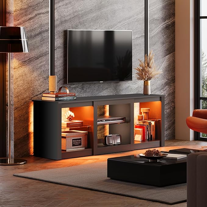 WLIVE Modern LED TV Stand for 65 70 Inch TV 58 Entertainment Center with Adjustable Glass Shelves &amp RGB Lights Wood Media Console Table for Living Room Bedroom Gaming Room Black