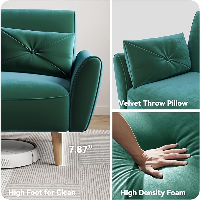 Brelice Loveseat Sofa 47 Velvet Couch for Bedroom Convertible Wooden Tray &amp Ergonomic Armrest for Small Space Apartment Living Room Home Office Easy Assembly Green