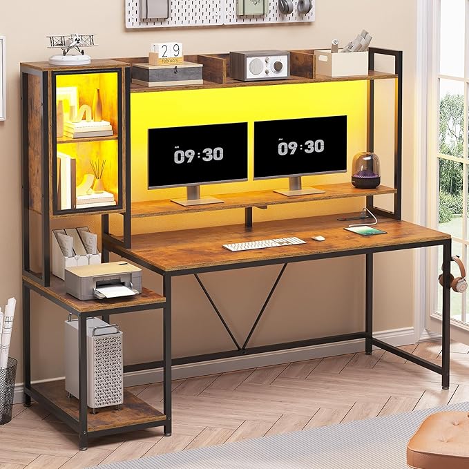 SEDETA Gaming Desk 60'' Gaming Desk with Hutch and LED Lights Computer Desk with Storage Shelves Large PC Gamer Desk with Display Cabinet Monitor Stand Power Outlet for Home Office Rustic Brown