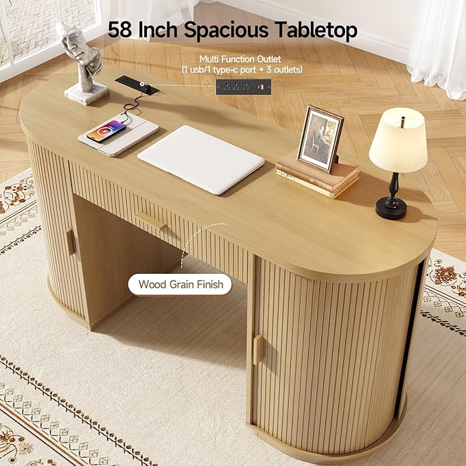 ONBRILL 58 Inch Fluted Executive Desk with Drawers Large Computer Desks with Storage Mid Century Modern Office Desk with Charging Station for Home Office Living Room Bedroom (Oak)