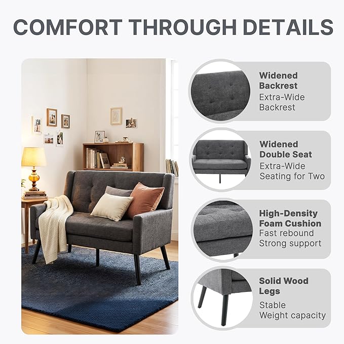 Mid-Century 47 Small Loveseat Sofa Plush Linen Fabric with Button Tufted High Back and Solid Wood Legs for Apartment Living Room Bedroom Home Office (Dark Grey 2-Seater)