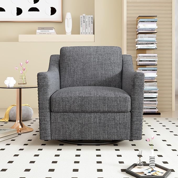 Swivel Accent Chair Set of 2 Modern Comfy Linen Upholstered Barrel Armchair with Nailhead Decor and Metal Base Soft Oversized Round Chair for Living Room Bedroom Club (2 Dark Grey)