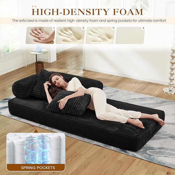 78.5W Convertible Folding Sofa Bed Corduroy Upholstered Queen Size Foam Floor Couch with Fixed-Shaped Frame Loveseat Sleeper Compression Sofa Foldable Mattress for Living Room Bedroom(Black)