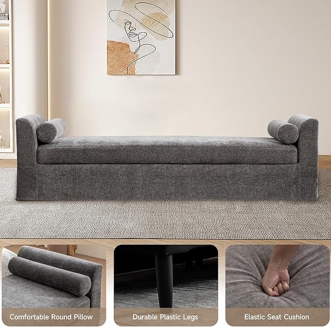 Chifee &amp Vingol 90.55 W Oversized Chaise Lounge Upholstered Bedroom Benches Extra-Long Indoor Bench Entryway Bench with Removable Pillows for Living Room HallwayGray