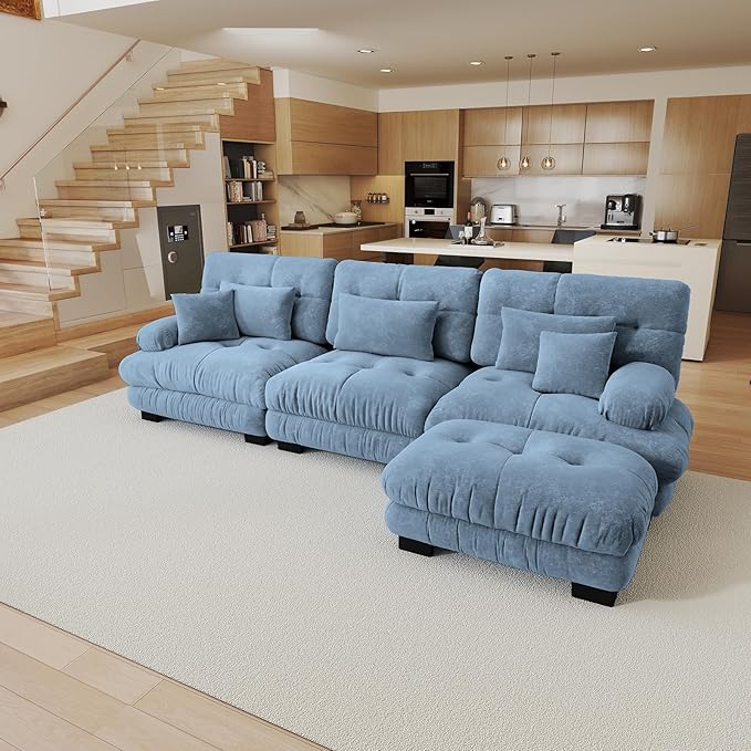 133.8 Oversized Modular Sectional Sofa 3 Seater Blue Large Sectional Couches for Living Room Chenille Fabric Sofa Set Cloud Couches with Ottoman Deep Seat Modern Sofas para Sala L Shaped