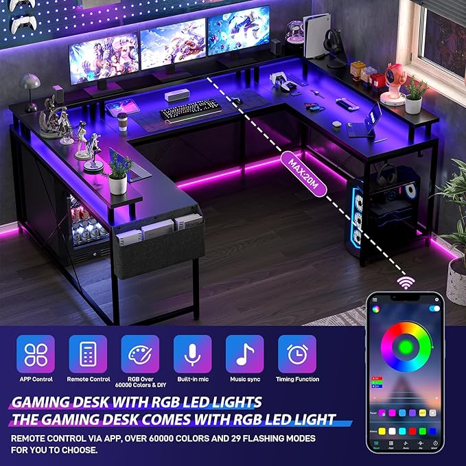 GarveeHome U Shaped Desk with Power Outlets &amp LED Lights 79 in Reversible L Shaped Desk Corner Computer Desk Office Desk with Full Monitor Stand Black