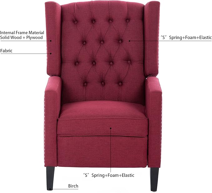 Wingback Recliner Chair Fabric Living Room Chairs Modern High Back Accent Chair Comfy Reading Chair Tufted Wing Back Chairs with Arms for Bedroom Office 27.16 Wide Wine Red