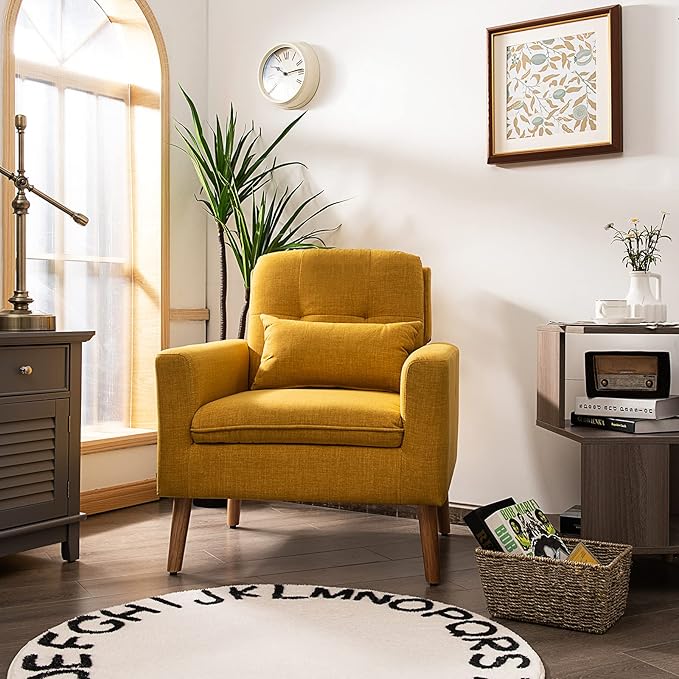 Giantex Modern Accent Chair Set of 2 Upholstered Linen Fabric Single Sofa Armchair with Pillow Max Load 330lbs Mid Century Modern Living Room Chair for Bedroom (Yellow)