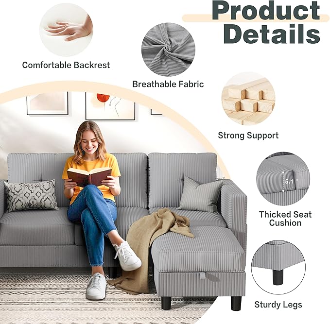 JY QAQA Convertible Sectional Sofa with 3-Seater Sofa L-Shaped Ottoman Couch with Modern Linen for Apartment Small Living Room and Small Space (Light Grey)