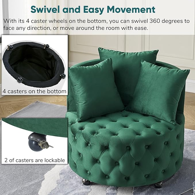 JOYBASE Swivel Barrel Chair Round Swivel Accent Chair with 3 Pillows Cozy Comfy Lounge Chair Circle Club Chair Armchair Modern Sofa Chair for Living Room Bedroom (Green Velvet)
