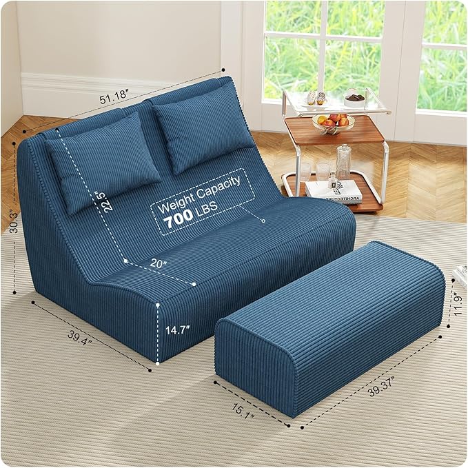 Giant Bean Bag Chair for Adults - Indoor Chaise Lounge with Pillows &amp Ottomans Upholstered Loveseat Floor Sofa Chair for Reading Gaming Napping and Movies (Royal Blue)