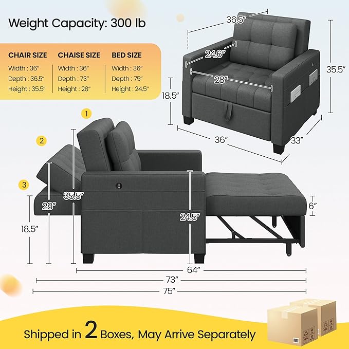 Yaheetech Sleeper Sofa Bed Convertible Chair Bed 3 in 1 Pull Out Sofa with Adjustable Backrest &amp USB and Type C Charging Ports for Living Room Office Bedroom Apartment Dark Gray