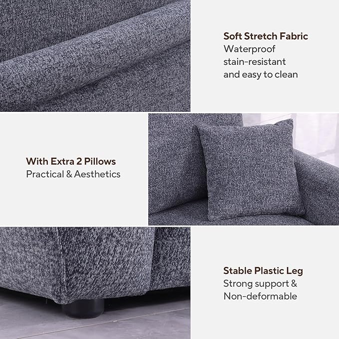 Modern Gray Chenille Fabric Sofa 86.2 L x 35.4 W x 33.8 H 3-Seater with Deep Seats and Wide Armrests