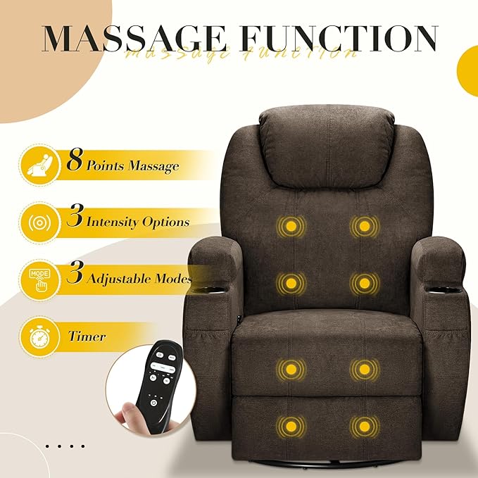 Recliner Chair 360° Swivel Rocker Chair for Adults Rocking Recliner Chair with Massage Comfy Single Sofa with Side Pockets Cup Holders for Living Room Bedroom Nursery (Fabric Brown)