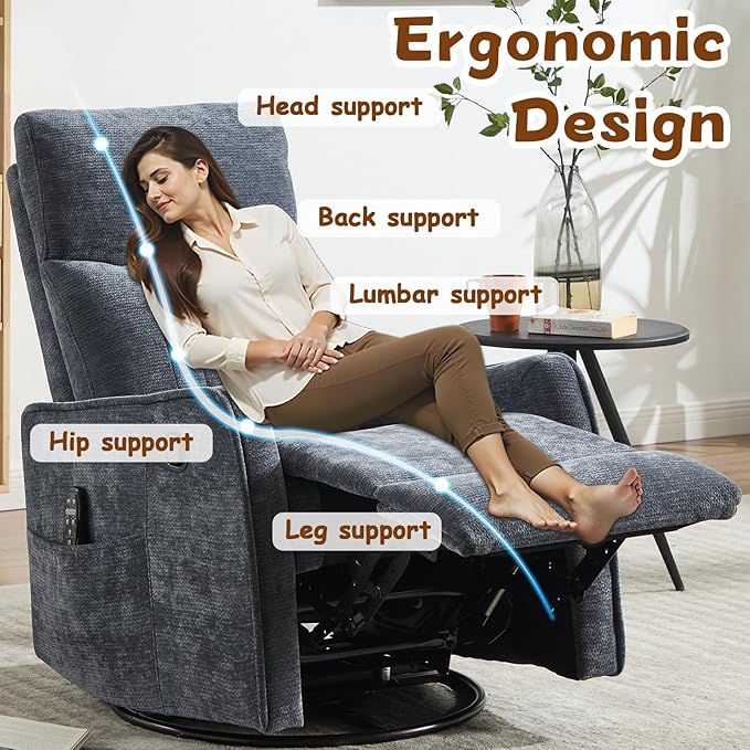Massage Recliner Chair with Heat Slim Recliners for for Adults Swivel Rocking Chair Recliner with High Back Small Recliner Chair for Small Spaces Living Room Adjustable Footrest (Blue 2)