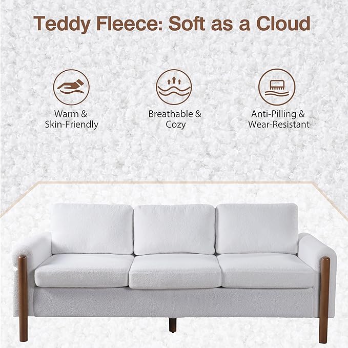 Christopher Knight Home Yadil Teddy Fleece Upholstered 3 Seater Sofa Couch Wooden Home Sofa Living Room Comfy Cloud Couch for Bedroom Home Office Cream White