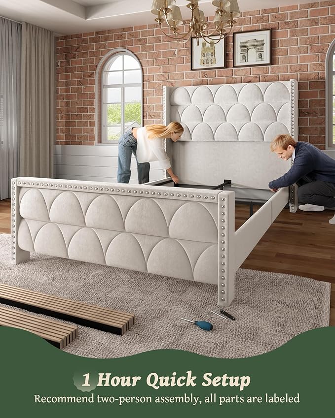 Queen Size Bed Frame with 56 Headboard - Velvet Upholstered Wingback Platform Bed Frame Noise Free Sturdy Wooden Slat Support (Cream Queen)