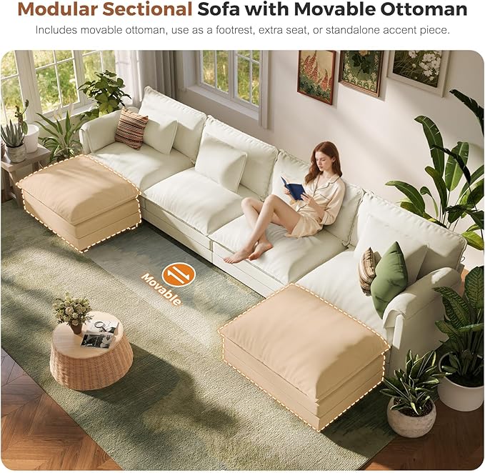ABCASA Oversized 150 U Shaped Couch Modular Sectional Sofa 6-Seat Comfy Cloud Couch with 4 Pillows Deep Seat Couches for Living Room Bedroom and Apartment Chenille Beige
