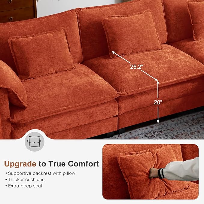 ABCASA Oversized 150 U Shaped Couch Modular Sectional Sofa 6-Seat Comfy Cloud Couch with 4 Pillows Deep Seat Couches for Living Room Bedroom and Apartment Chenille Orange