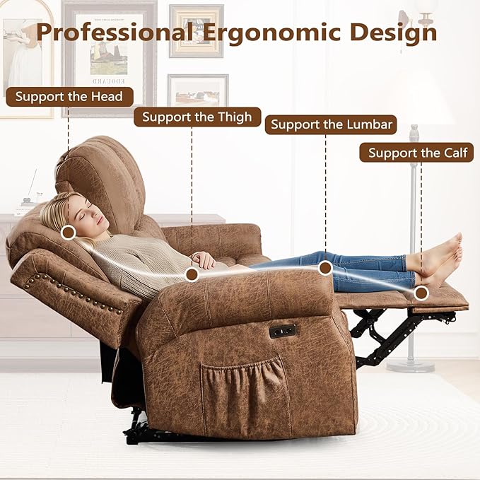 85 Wide Power Reclining Sofa with Side Pockets 3-Seater Electric Recliner Sofa Chair with Overstuffed Backrest Faux Leather Couch Furniture with Rivets for Living Room Brown