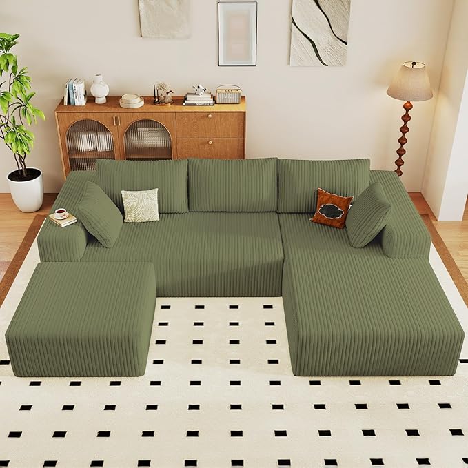 96 U Shaped Cloud Sectional Couch with Fluffy Corduroy Deep Memory Foam Seats Sofa with 1 Ottoman for Living Room No Assembly Required(GreenRight-Facing Chaise)