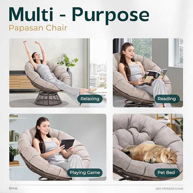 Bme Silver - Brown Bee Base 40 Ergonomic Wicker Papasan Chair with Soft Thick Density Fabric Cushion Bee-Designed Base High Capacity Steel Frame 360 Degree Swivel for Living Bedroom Reading Room