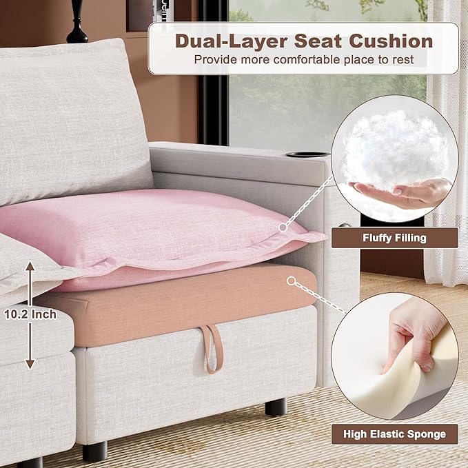 80.5 L Shaped Modular Sectional Sofa 3 Seater Cloud Couch with Ottoman Chenille Deep Seat Couch for Living Room Small Spaces Beige