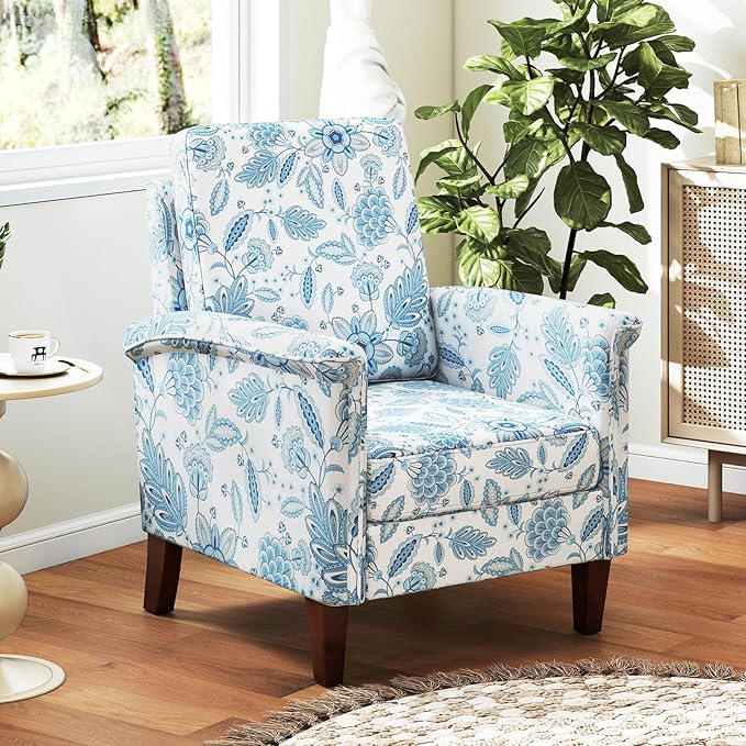 GOFLAME Floral Accent Chairs Set of 2 Comfy Upholstered Armchairs with Rubber Wood Legs and Thick Padded Cushion High Back Single Sofa Chairs Reading Side Chairs for Living Room Bedroom Blue