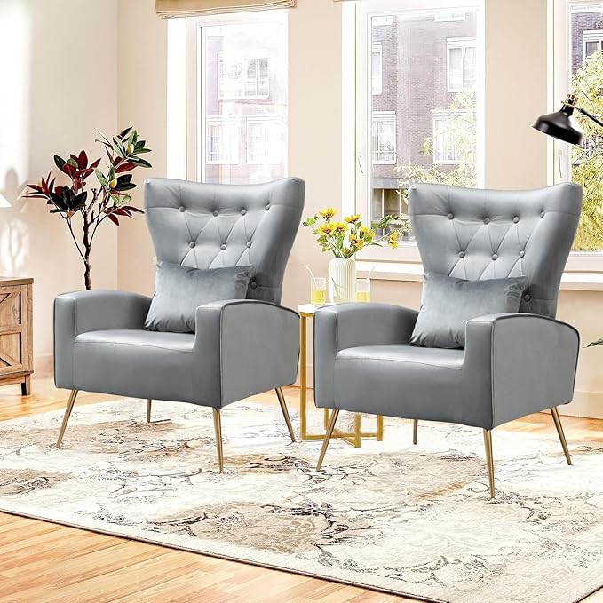 Velvet Accent Arm Chairs Set of 2 Mid-Century Armchairs with Wingback &amp Lumbar Pillow for Living Room Bedroom Guest Reception Chair for Office Button-Tufted Gold Finish Grey