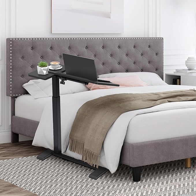 Adjustable Overbed Bedside Table with Hidden Wheels Pneumatic Tilt Board Rolling Laptop Standing Desk Cart Mobile Over Bed Sofa Chair Side End Tables Walnut (Black)
