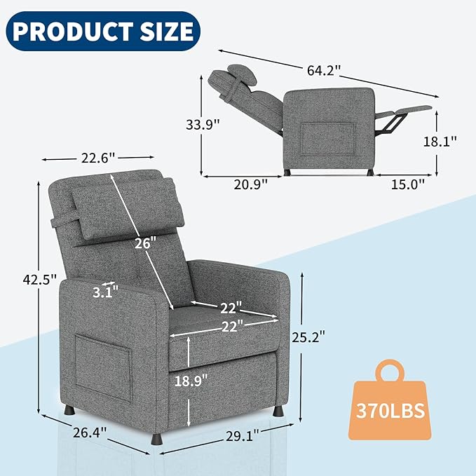 GarveeHome Recliner Chair Living Room Electric Recliner Adjustable Power Reclining Chair for Adults Home Theater Seating with Side Pockets &amp USB Port - Gray