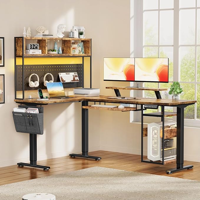 Flycity Electric L Shaped Standing Desk Adjustable Height 67 x 47 Corner Computer Desk with Host Shelf Gaming Desk with LED Lights &amp Power Outlet Dual Motor Home Office Desk with Storage Bro