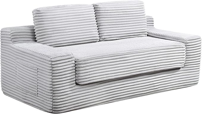 Loveseat Cloud Boneless Couch Upholstered Floor Sofa with Armrests 2-in-1 Convertible Corduroy Couch Bed for Living Room Apartment Grey