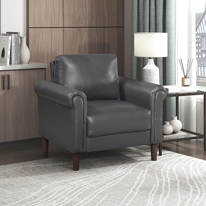 Lexicon 35 W Living Room Accent Chair Faux Leather Upholstered Armchair with Rolled Arm for Bedroom/Office/Waiting Room Single Sofa Chair Dark Gray