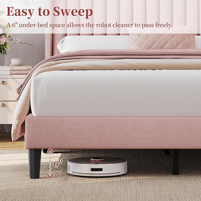 Yaheetech Queen Bed Frame Upholstered Platform Bed with Fabric Headboard Wing Edge Design/Non-Slip and Noise-Free/Wooden Slats Support/No Box Spring Needed/Easy Assembly Pink Queen Bed