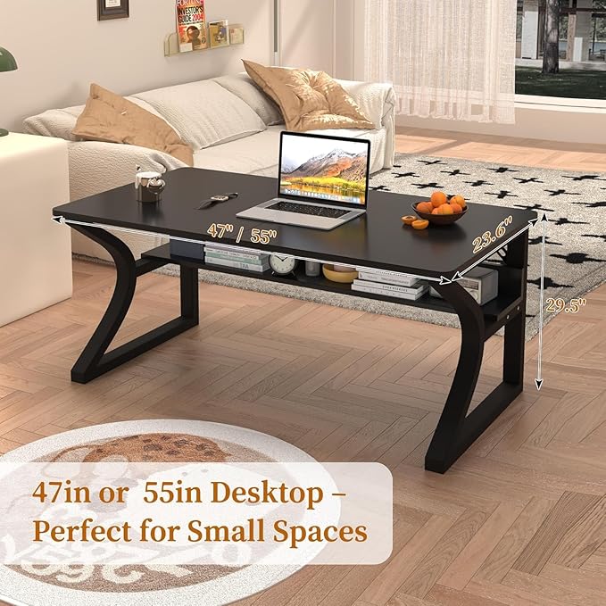 AZN Computer Desk 47 inch Office Desk for Home Office Study Desk with Storage Shelf and Cable Management C-Shaped Sturdy Writing Table for Small Spaces Gaming PC Desk Black