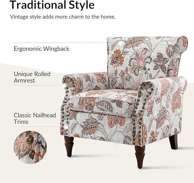 Wingback Accent Chair with Wood Legs Modern Comfy Upholstered Armchair with Removable Cushion and Nailhead Trim Floral Pattern Single Sofa Reading Chair for Living Room Bedroom