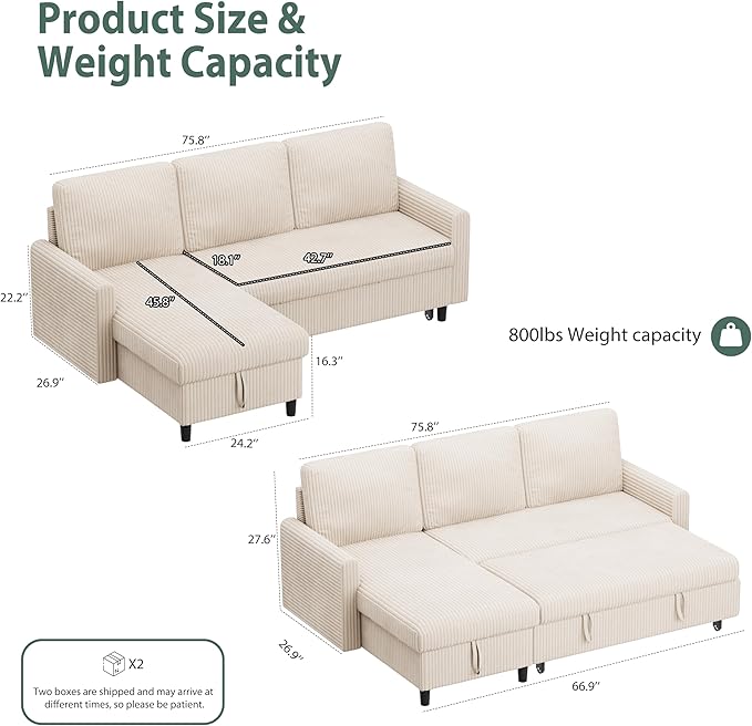 Sofa Bed Sleeper Pull Out 2 in 1 Sectional Sleeper Sofa Couches with Storage Pullout Sectional Couches for Apartment Living RoomWhite
