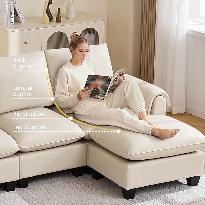 118 Faux Leather Modular Sectional Sofa with 2 Ottoman Oversized 4 Seater Couch with Curved Armrests Cloud Modern U-Shaped Sofa Deep Seat for Living Room Beige