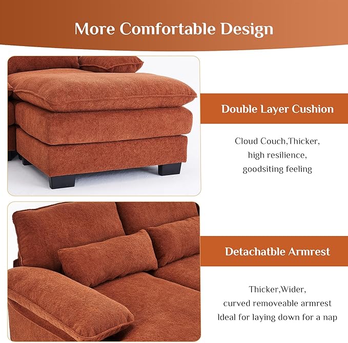 OUYESSIR 113 U Shape Sectional Cloud Couch with OttomanFluffy Sectional Couches for Living Room4 Seater Modular Sectional SofaComfy Cloud Sofas &amp Couches with 4 PillowsOrange