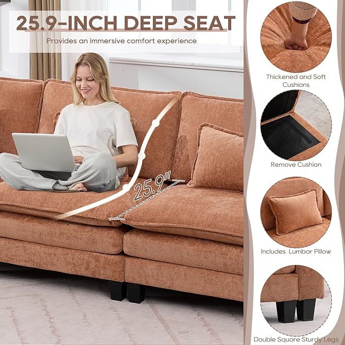 IPKIG 117 Modular Sectional Sofa Chenille U-Shaped Sectional Couch Comfy Upholstered 3 Seat Sofa with 2 Ottoman Deep Seat Cloud Couch Sofa for Living Room Orange | 2 Layer Cushion Cloud Couch Mo