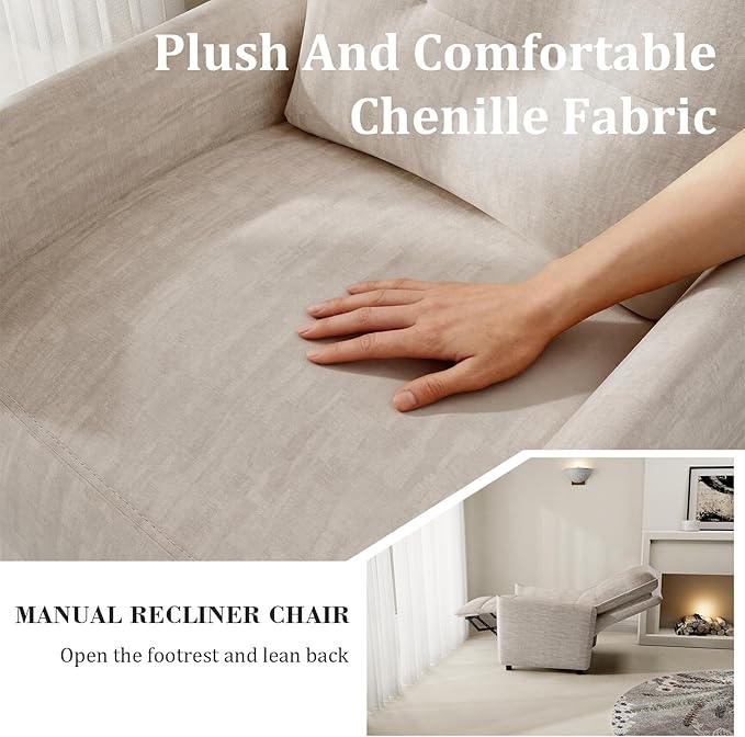 Chenille Fabric Recliner Chair for Adults - Manual Push Back Reclining Sofa with Sturdy Metal Frame Overstuffed High-Density Foam Adjustable Footrest for Living Room Home Theater (Beige)