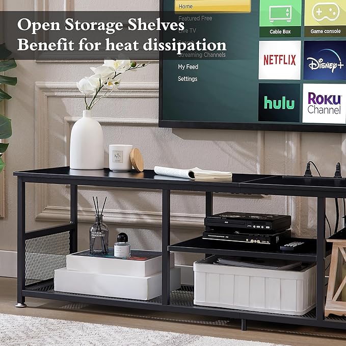 VECELO TV Stand with Power Outlets for Televisions up to 75Inch 62 Media Entertainment Center with Charging Station 3-Tier Open Storage Shelves with Metal Frame for Living Room/BedroomBlack