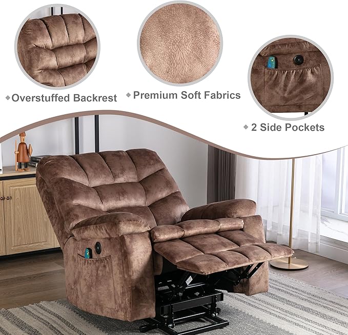 Bonzy Home Power Lift Recliner Chair for Elderly Electric Lift Chair with Massage &amp Heat Upholstered Single Sofa with 2 Hidden Cup Holders USB Charge Port Side Pockets for Living Room Dark Br