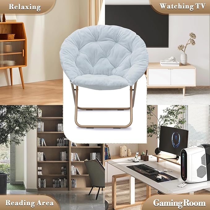 Athena Collection Round Saucer Chair with Ottoman Set of 2 for Adults Oversize Comfy Cozy Faux Fur Folding Reading Chair with Metal Leg Lazy Relaxing for Living Room Bedroom Dorm Apartment Blue