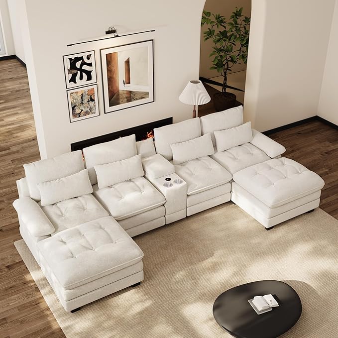 134 Oversized Beige Sectional Couches for Living Room with Glitter Fabric Fluffy Couch with Chaise Lounge&ampTufted Buttons U Shaped Sofa Set Chenille 6 Seater Couch with 2 Ottoman &amp Storage